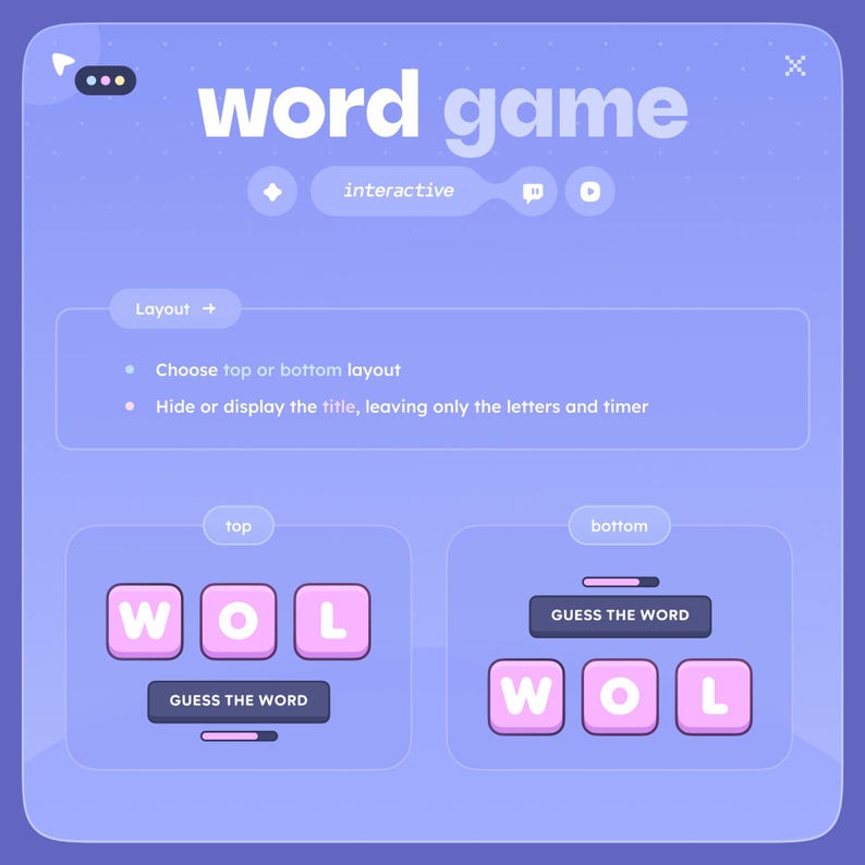 May include: A digital interface for a word game, featuring a purple and blue color scheme. The text "word game" is displayed at the top, with interactive options. The layout includes options for top or bottom layouts and hiding the title.