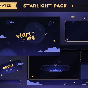 Paquete de Twitch animado Starlight / Paquete Starry Night Sky Moon Cozy Streamer / Superposiciones, escenas, transición, paneles, alertas, cámara web