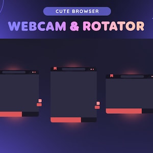 Pu&ograve; includere: Tre finestre del browser con sfondo grigio scuro e una barra delle schede rossa in basso. Il testo "WEB CAM & ROTATOR" &egrave; in alto nell'immagine in un font rosa e arancione.