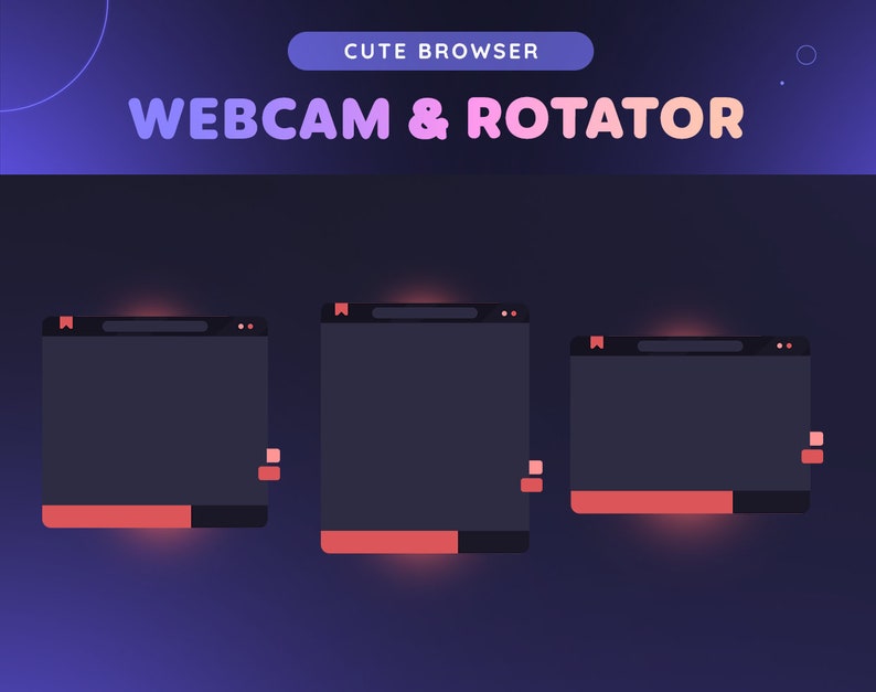 Pu&ograve; includere: Tre finestre del browser con sfondo grigio scuro e una barra delle schede rossa in basso. Il testo "WEB CAM & ROTATOR" &egrave; in alto nell'immagine in un font rosa e arancione.