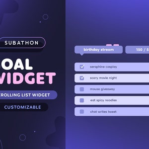 Goal Widget — Scrolling Subathon Goal List  | Cute Minimal Customizable 20 Goal List for Twitch Streamers | Streamelements OBS