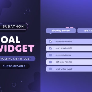 Doelwidget: scrollende subathon-doelenlijst | Leuke minimale aanpasbare lijst met 20 doelen voor twitch-streamers | Streamelements-OBS