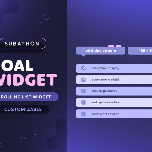 Goal Widget — Scrollende Subathon Goal List | Niedliche Minimal Anpassbare 20 Tore Liste für Twitch Streamer | Stromelemente OBS