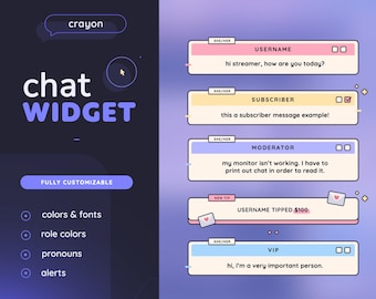 Crayon Chat Widget with Alerts — Cute Fully Customizable Custom Chat with Events & Role details |  Twitch Streamers |  Streamelements OBS