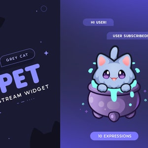 Graue Katze Strom Haustier | Halloween Animierte Katze Maskottchen Widget für Luftschlangen | Reagiert auf Events & anpassbare Kommandos | 10 Ausdrücke