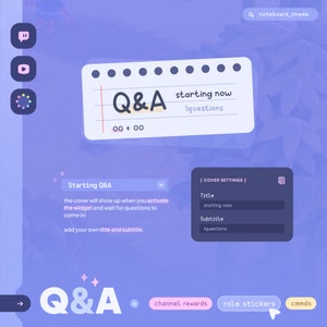 May include: A purple and blue screen with a white notepad-style Q&A widget. The widget has a title that says "Starting Now! Questions" and a timer that says "00 + 00". The screen also has a text box that says "Starting Q&A" and a description that says "The cover will show up when you activate the widget and wait for questions to come in! Add your own title and subtitle."