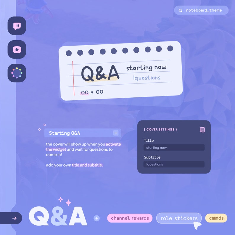 May include: A purple and blue screen with a white notepad-style Q&A widget. The widget has a title that says "Starting Now! Questions" and a timer that says "00 + 00". The screen also has a text box that says "Starting Q&A" and a description that says "The cover will show up when you activate the widget and wait for questions to come in! Add your own title and subtitle."