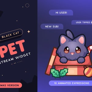 Schwarze Katze Weihnachtsstrom Haustier | Weihnachtsgeschenk Animiertes Kitty Maskottchen Twitch Widget | Reagiert auf Events & benutzerdefinierte Kommandos | 10 Ausdrücke