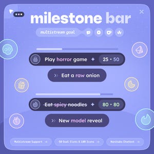 May include: A digital interface with the text "milestone bar" in white. The interface has a purple background with interactive elements, including progress bars and goal descriptions like "Play horror game" and "Eat spicy noodles."