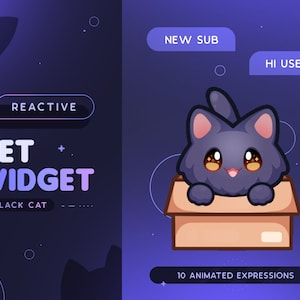 Schwarze Katze Strom Haustier | Niedliche Animierte Katze In Box Maskottchen Twitch Widget | Reagiert auf Events & benutzerdefinierte Kommandos | 10 Ausdrücke