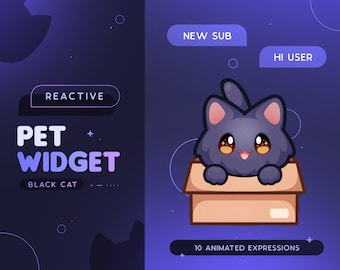 Schwarze Katze Bach Haustier | Niedliche Animierte Katze Innen Box Maskottchen Twitch Widget | Reagiert auf Ereignisse und benutzerdefinierte Anweisungen | 10 Ausdrücke
