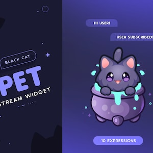 Black Cat Stream Pet | Halloween Animated Cat Mascot Widget for Streamers | Reacts to Events & Customizable Commands | 10 Expressions
