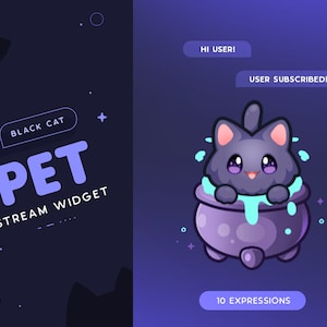 Schwarze Katze Bach Haustier | Halloween Animierte Katzen Maskottchen Widget für Streamer | Reagiert auf Ereignisse & Anpassbare Anweisungen | 10 Ausdrücke