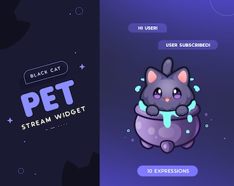 Black Cat Stream Pet | Halloween Animated Cat Mascot Widget for Streamers | Reacts to Events & Customizable Commands | 10 Expressions