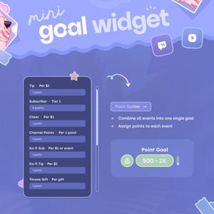 May include: A digital graphic with the text "mini goal widget" in white. The graphic shows a point system with options like "Tip", "Subscriber", and "Cheer", and a point goal of 500-2K.