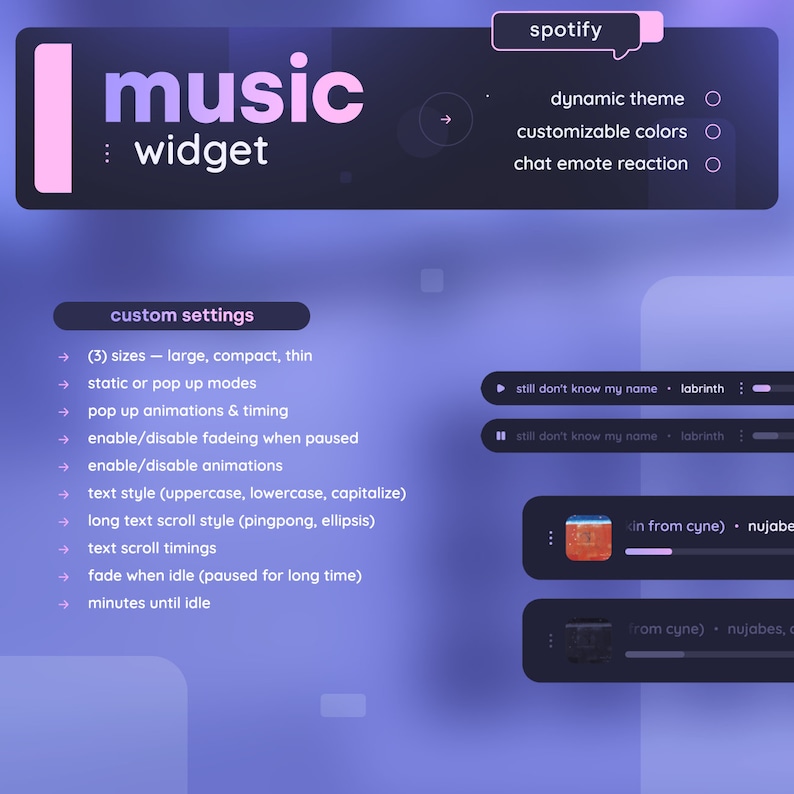 Op de afbeelding: Een aanpasbare muziekwidget voor Spotify. De widget heeft een paarse en blauwe gradi&euml;ntachtergrond met een zwarte en witte tekstoverlay. De widget stelt gebruikers in staat om de grootte, het thema, de kleuren en animaties aan te passen. De widget bevat ook een chat-emoticonreactie-functie.