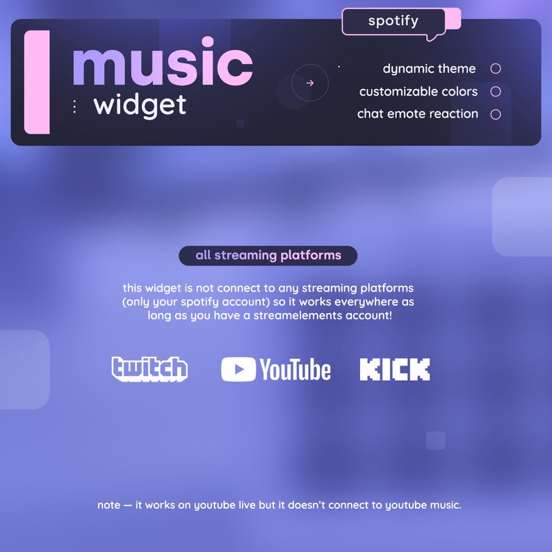Op de afbeelding: Een paarse en witte afbeelding die een muziekwidget laat zien die kan worden gebruikt op Twitch, YouTube en Kick. De widget heeft een dynamisch thema, aanpasbare kleuren en chat-emoticonreacties. De tekst zegt "alle streamingplatforms" en "Deze widget is niet verbonden met streamingplatforms (alleen je Spotify-account), dus het werkt overal zolang je een Streamelements-account hebt!"