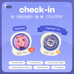 Könnte beinhalten: Eine digitale Benutzeroberfläche mit dem Text "check-in" und "counter". Sie zeigt zwei Profilsymbole, eines mit einem pinkhaarigen Charakter und das andere mit einem Bär-Design. Die Oberfläche enthält den Text "Animal Crossing" und Funktionsbeschreibungen.