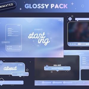 Glossy Animated Twitch Pack | Minimal Aesthetic Blue Gradient Streamer Package | Overlays, Transition, Panels, Alerts, Webcam | Vtuber | OBS