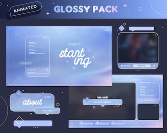 Glossy Animated Twitch Pack | Minimal Aesthetic Blue Gradient Streamer Package | Overlays, Transition, Panels, Alerts, Webcam | Vtuber | OBS