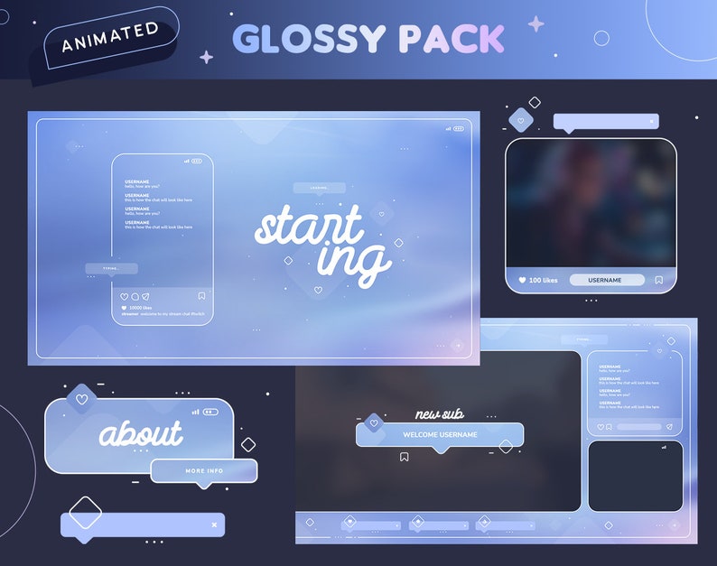 May include: A digital graphic design pack with a blue and purple gradient theme. The design includes animated overlays for streaming, with text elements such as "Animated", "Glossy Pack", "Starting", "About", and "New Sub".