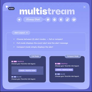 May include: A digital interface with the word "multistream" in white, featuring options for alert layouts. The interface includes "Glossy Chat" and social media icons. It showcases full and compact alert modes with examples of each layout.