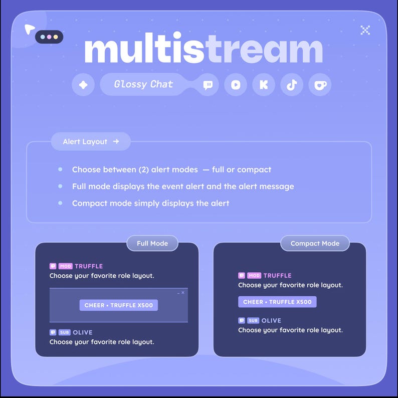 May include: A digital interface with the word "multistream" in white, featuring options for alert layouts. The interface includes "Glossy Chat" and social media icons. It showcases full and compact alert modes with examples of each layout.