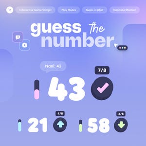 Può includere: Interfaccia di gioco digitale con sfondo sfumato viola e blu. Il testo "guess the number" è visualizzato in modo prominente. I numeri 43, 21 e 58 sono mostrati, insieme a segni di spunta e frecce, che indicano l'avanzamento del gioco.