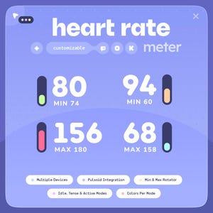 Pode incluir: Interface digital de monitor de frequência cardíaca com fundo roxo claro. A interface exibe leituras de frequência cardíaca: 80, 94, 156 e 68. O texto "heart rate meter" está no topo, com "customizable" abaixo. Recursos adicionais são listados na parte inferior.