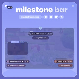 May include: A light purple digital interface with the text "milestone bar" and "multistream goal". The interface includes options for "Short ASMR session", "Long ASMR session", "New Model Toggle", "Signed Merch Giveaway", "Enable TTS", and "Sub movie night".