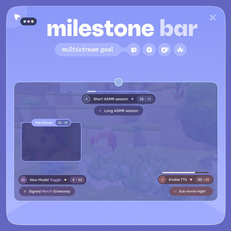 May include: A light purple digital interface with the text "milestone bar" and "multistream goal". The interface includes options for "Short ASMR session", "Long ASMR session", "New Model Toggle", "Signed Merch Giveaway", "Enable TTS", and "Sub movie night".