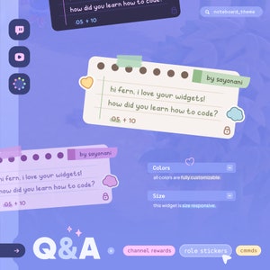 May include: A light blue and pink digital noteboard with a light blue cloud and a pink heart. The noteboard has the text "hi fern, i love your widgets! how did you learn how to code?" and "05 + 10". The noteboard has a lock icon and the text "by sayonani".