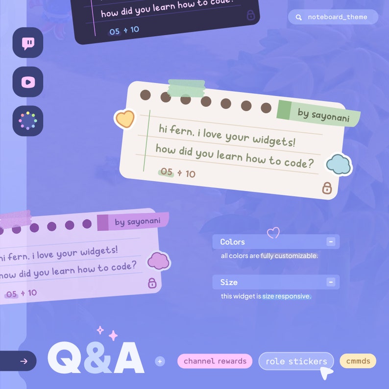 May include: A light blue and pink digital noteboard with a light blue cloud and a pink heart. The noteboard has the text "hi fern, i love your widgets! how did you learn how to code?" and "05 + 10". The noteboard has a lock icon and the text "by sayonani".