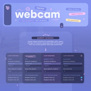 K&ouml;nnte beinhalten: Ein Diagramm, das zeigt, wie man einzigartige Variationen f&uuml;r Abonnenten, Geschenke, Jubel und Tipps erstellt. Das Diagramm zeigt verschiedene Alarmvariationen f&uuml;r Jubel, Tipps, Gemeinschaftsgeschenke und Abonnenten. Jede Variation hat eine Bedingung, einen Wert und Farbverlaufsoptionen.