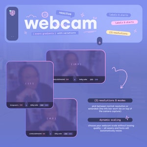 K&ouml;nnte beinhalten: Eine violette und blaue Webcam-Overlay-Vorlage mit einem Comic-Gesicht und Sternen. Das Overlay enth&auml;lt den Titel "webcam" und den Text "(event gradients) with variations". Das Overlay enth&auml;lt au&szlig;erdem einen Bereich f&uuml;r Labels und Alarme, einen Bereich f&uuml;r Aufl&ouml;sungen und einen Bereich f&uuml;r t&auml;gliche Abonnenten. Das Overlay hat drei verschiedene Seitenverh&auml;ltnisse: 16:9, 1:1 und 4:3.