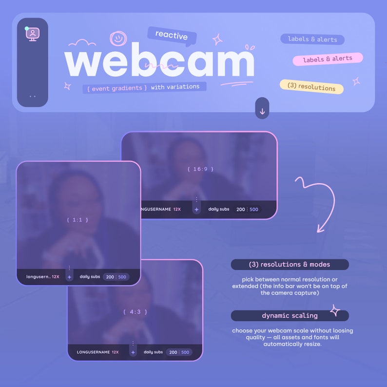 K&ouml;nnte beinhalten: Eine violette und blaue Webcam-Overlay-Vorlage mit einem Comic-Gesicht und Sternen. Das Overlay enth&auml;lt den Titel "webcam" und den Text "(event gradients) with variations". Das Overlay enth&auml;lt au&szlig;erdem einen Bereich f&uuml;r Labels und Alarme, einen Bereich f&uuml;r Aufl&ouml;sungen und einen Bereich f&uuml;r t&auml;gliche Abonnenten. Das Overlay hat drei verschiedene Seitenverh&auml;ltnisse: 16:9, 1:1 und 4:3.