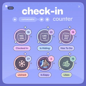 Może przedstawiać: Grafika cyfrowa ze słowami "check-in" i "counter". Zawiera sześć okrągłych ikon z tekstem, takim jak "Clocked In", "Is Hiding" i "Likes". Każda ikona ma unikalny wygląd i numer.