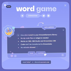 May include: A purple-themed interface for a "word game" with the text "word game" at the top. The interface includes interactive elements, a rocket ship graphic, and text detailing installation and update information. The bottom of the interface includes the text "need help? &rarr; discord.sayonani.com".