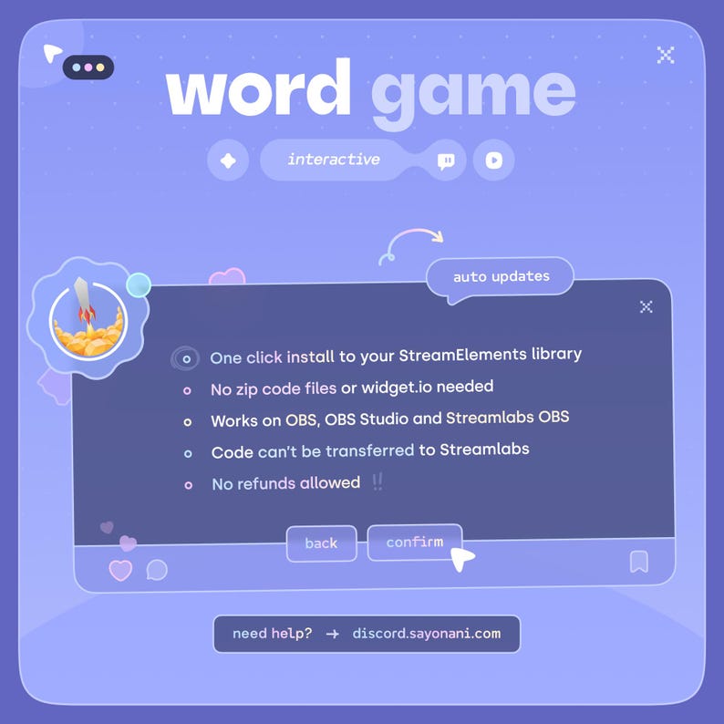 May include: A purple-themed interface for a "word game" with the text "word game" at the top. The interface includes interactive elements, a rocket ship graphic, and text detailing installation and update information. The bottom of the interface includes the text "need help? &rarr; discord.sayonani.com".