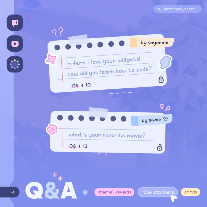 May include: A light blue background with a pink and white question and answer section. The text reads "hi fern, i love your widgets! how did you learn how to code?" and "what's your favorite movie?" with a pink star and flower graphic. The text "05 + 10" and "06 + 13" are also visible.