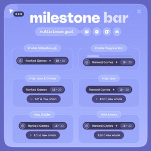 May include: A digital interface with the text "milestone bar" in white. The interface features several interactive elements, including options for "Enable Strikethrough" and "Enable Progress Bar". Other options include "Ranked Games" and "Eat a raw onion".