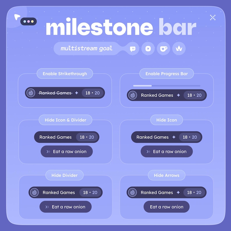 May include: A digital interface with the text "milestone bar" in white. The interface features several interactive elements, including options for "Enable Strikethrough" and "Enable Progress Bar". Other options include "Ranked Games" and "Eat a raw onion".