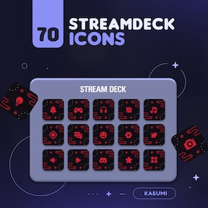 May include: A set of 70 red and black Stream Deck icons with a white background. The icons are arranged in a grid of 4 rows and 5 columns. The icons include a light bulb, a bell, a game controller, headphones, a floppy disk, a music note, a target, a chat bubble, a smiley face, a gear, a twitter bird, a camera, a volume up button, a play button, a discord logo, a star, and a grid.