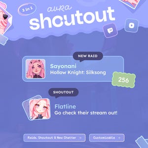 Op de afbeelding: Een digitale afbeelding met de tekst "aura shoutout" in het wit, met cartoonavatars en de tekst "Sayonani Hollow Knight: Silksong" en "Flatline Go check their stream out!" op een paarse achtergrond. Een groene badge toont het nummer 256.