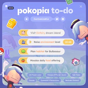 Puede incluir: Interfaz digital con el texto "pokopia to-do" en blanco. La interfaz presenta una lista de tareas, incluyendo "Visit Clefairy dream island" y "Raise environment level". También hay personajes de dibujos animados e iconos.