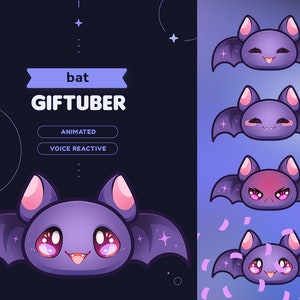 May include: Animated purple bat with pink ears and a cute expression. The bat is a Twitch GIFtuber, meaning it is animated and reacts to voice commands. The bat is shown in four different expressions: happy, blushing, angry, and surprised.