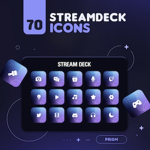 Op de afbeelding: Een donkerblauwe en paarse grafiek met de tekst "STREAMDECK 70 ICONS" en "STREAM DECK" in wit. Een zwart rechthoek met een raster van 18 witte pictogrammen op een blauw-paarse gradiëntachtergrond. De pictogrammen omvatten een penseel, een camera, een chatbubble, een map, een microfoon, het Twitch-logo, een gloeilamp, een afspeelknop, een noot, een ster, een tandwiel, een gamecontroller, het Twitter-logo, een filmrol, het Discord-logo, koptelefoon, een halve maan en een plusteken. De tekst "PRISM" is in wit op een zwart rechthoek.