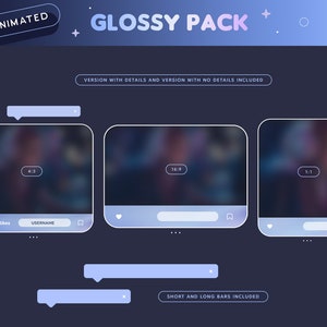 May include: A digital graphic design featuring the text "ANIMATED GLOSSY PACK" in a gradient blue and purple color scheme. The design includes three social media-style frames with different aspect ratios, along with speech bubbles and other design elements.