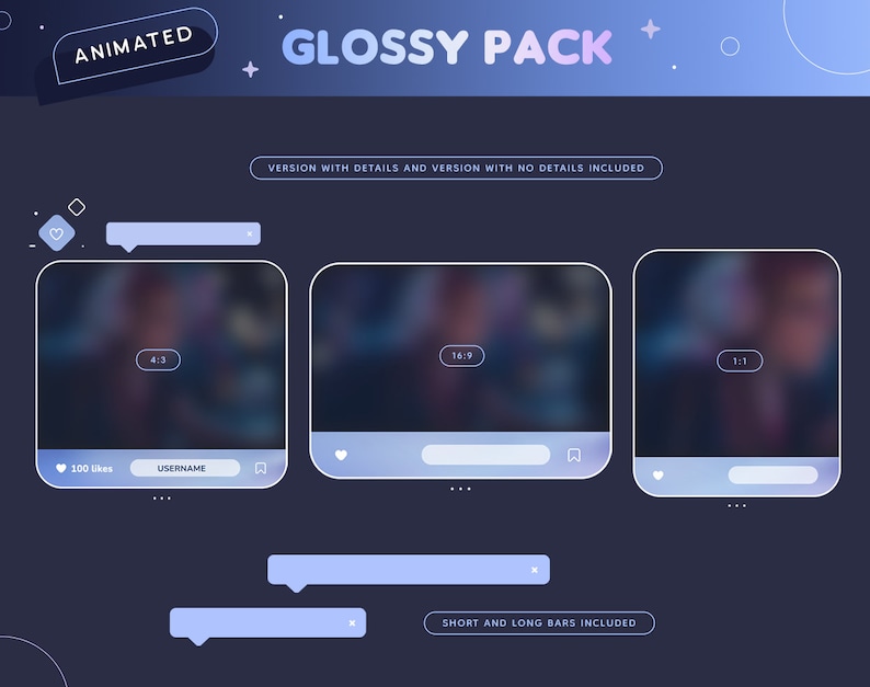 May include: A digital graphic design featuring the text "ANIMATED GLOSSY PACK" in a gradient blue and purple color scheme. The design includes three social media-style frames with different aspect ratios, along with speech bubbles and other design elements.