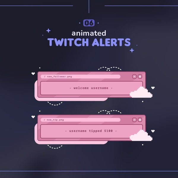 Pink Retro Twitch Animierte Alarme || 6 Ästhetische Browser Fenster Computer Alarme